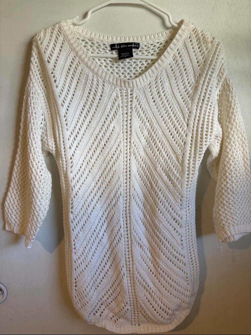 united states sweaters Cream Openwork Scoop Neck Crochet Sweater
